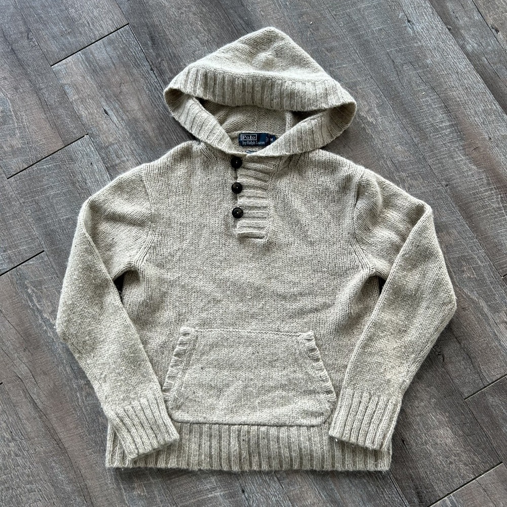 Polo Ralph Lauren Alpaca Tech Knit Cowichan Hoodie M Slim Crop Y2K Shawl Sweater